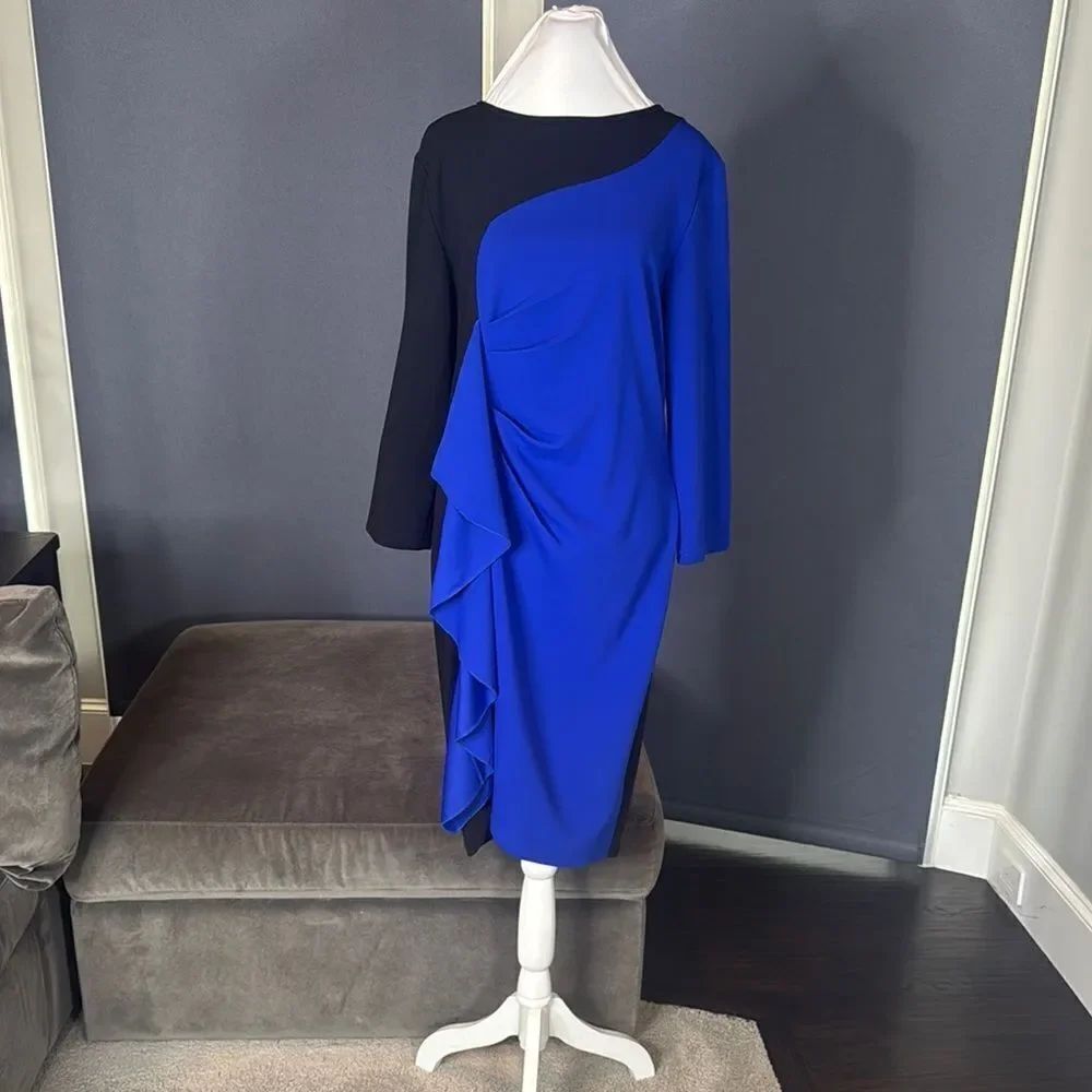Women’s Black & Blue Asymmetrical Ruffled Front Midi Dress 3/4 Length Sleeve XL